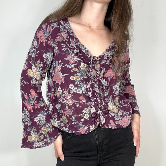 *American Eagle Floral Blouse Shirt Purple Flowy Long Sleeve - Picture 3 of 7